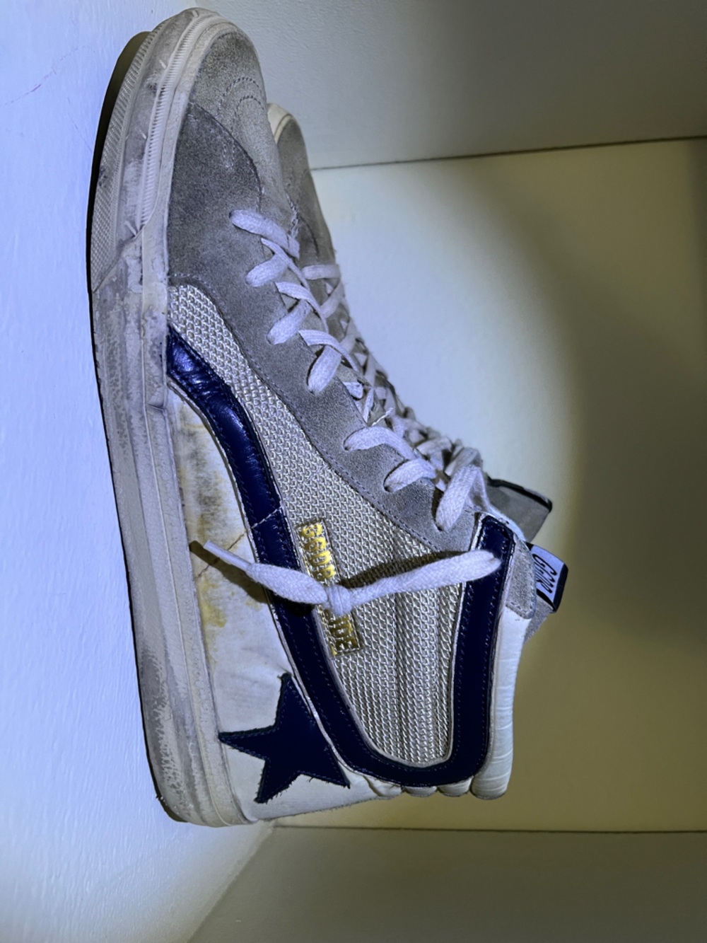 Slide in beige mesh and nylon with blue leather star and flash - Picture 2 of 8